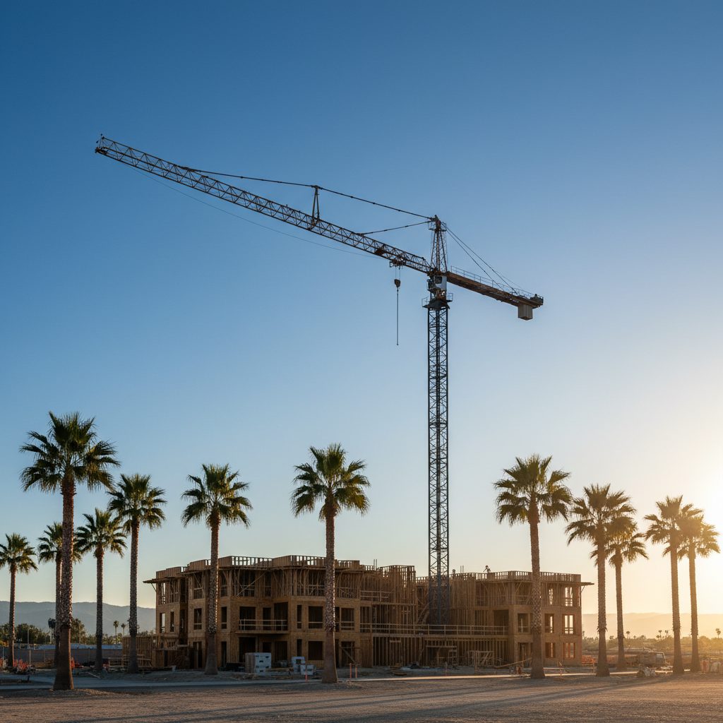 Construction crane silhouetted against Southern California sky building new apartments