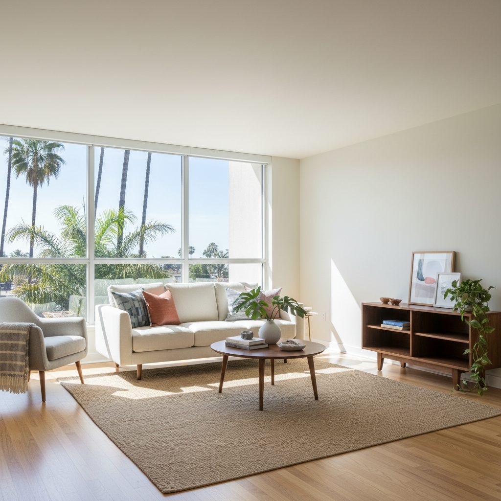 Bright modern Orange County apartment living room with palm tree visible through window